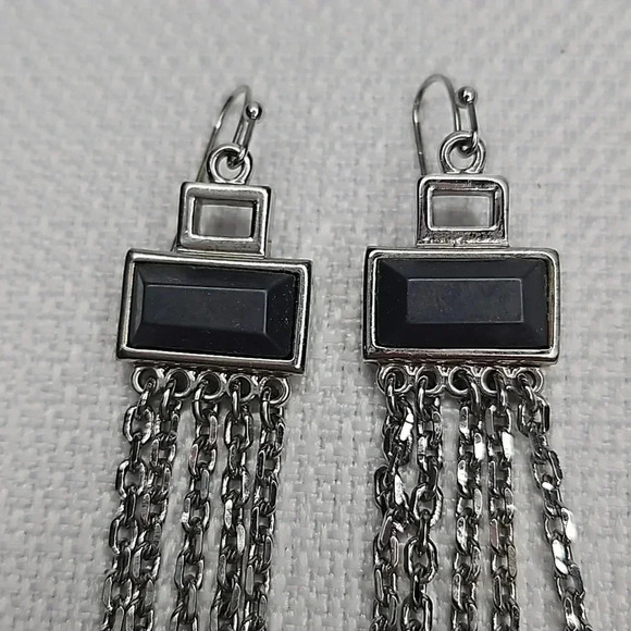 Lia Sophia Statement Earrings with Gray Rectangle & Silver Chain Link Dangles - Picture 3 of 13